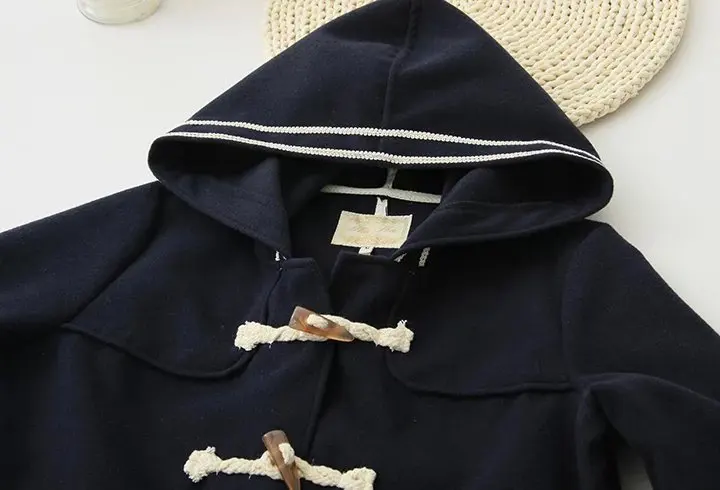 High quality women horn button sweet preppy style woolen Jackets winter female navy Japan student Teens blue coat | Женская одежда