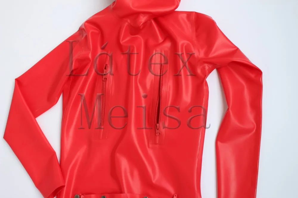Male's latex custom trailored catsuit red color open mesh eyes &amp penis holes attached codpiece and 5 zippers(chests crotch) |