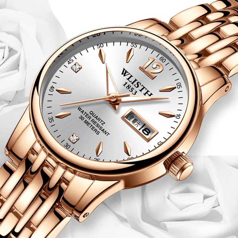 

2019 Fashion Women Man Lovers Dress Rose Gold Stainless Steel Wlisth Brand Wristwatch Week Date Quartz Clock Female Luxury Watch