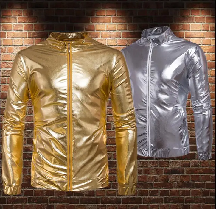 

fashion slim shirt men Gold and silver glossy loose large size collar metal color teenage shirts mens shirt jacket singer stage