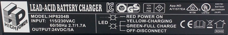 24V 5A свинцово-кислотный гелевый Аккумулятор AGM зарядное устройство с CE UL ROHS KC сертификацией для мобильных скутеров или инвалидных колясок HP8204B