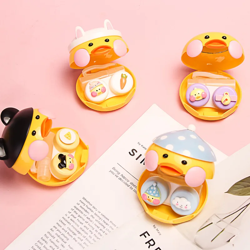 Милый мультяшный кейс для контактных линз Kawaii Duck дорожный набор объективов с зеркальными линзами держатель Контейнер для косметических контактных линз