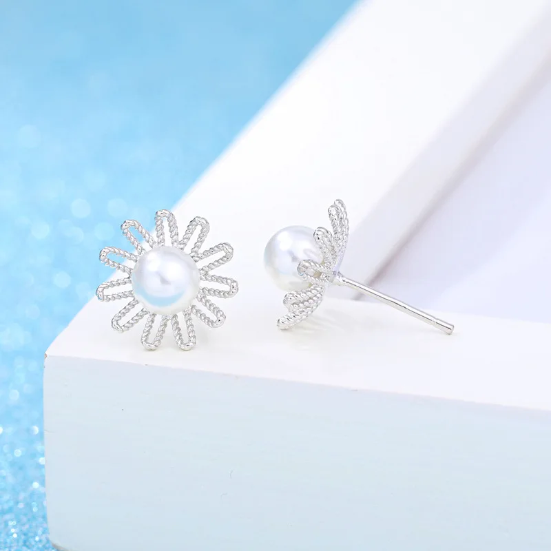 

100% 925 sterling silver fashion pearl flower stud earrings for women wholesale jewelry birthday gift drop shipping