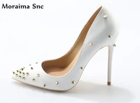 moraima snc rivet studded pointed toe fashion women concise type pumps thin high heels shallow slip on pu leather white pumps