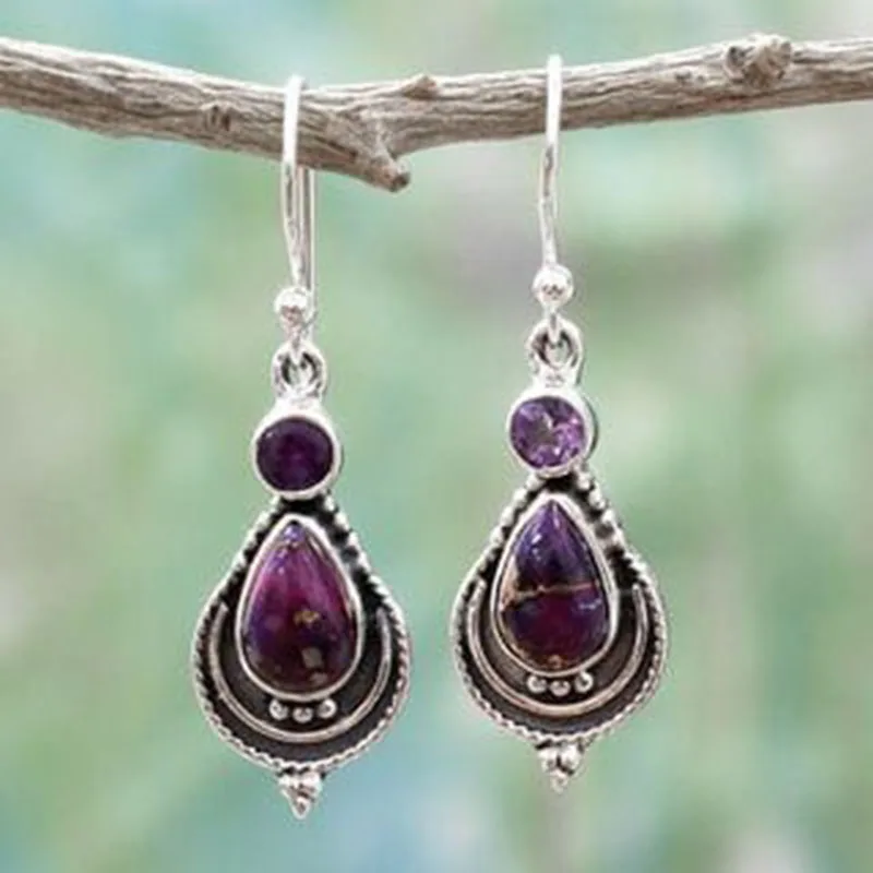 

Vintage Ethnic Purple Water Drop Stone Earrings For Women Boho Tribal Long Rhinestone Dangle Earring Oorbellen Gift Z3T126