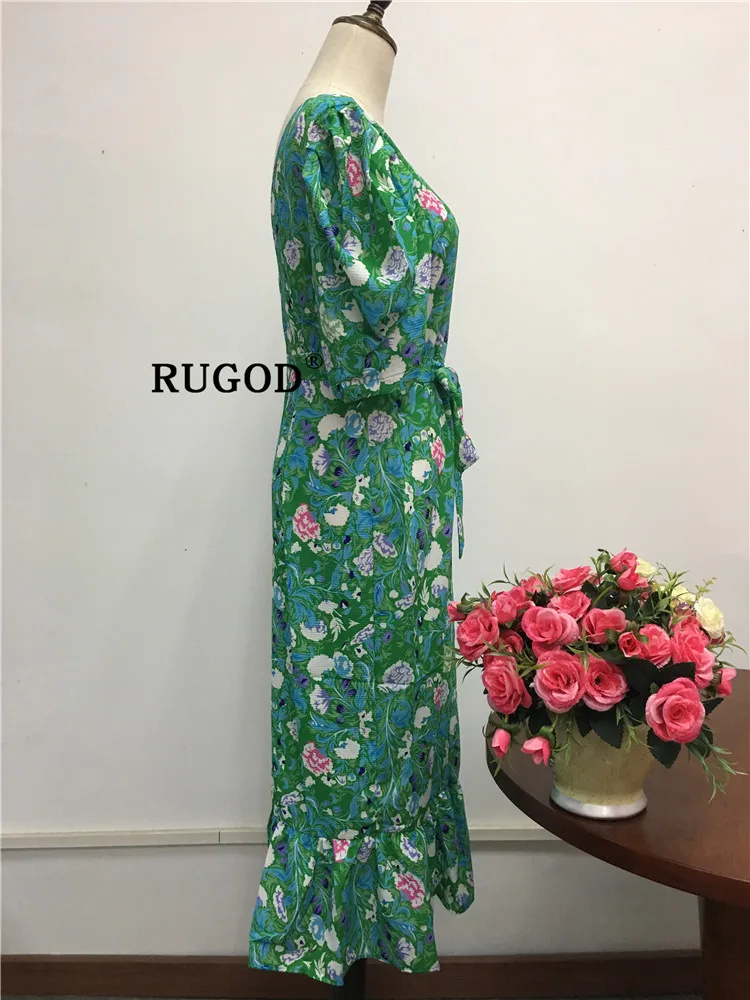 RUGOD корейское шикарное женское платье с цветочным принтом, элегантное платье с оборками и пышными рукавами, длинные платья vestidos, летние пляжные женские платья