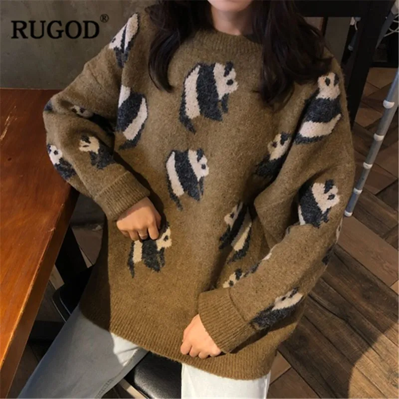 

RUGOD 2019 Autumn Winter Fashion Panda Women O-neck Long Sleeve Sweater Ladies Cartoon Prints Pullovers sweter damski