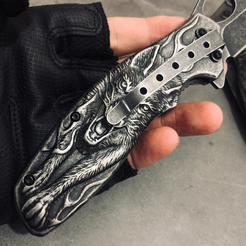Лидер продаж! Stonewash Тактический Рэмбо ножи выживания Кемпинг Охота для шашлыков сталь открытый карман 3D Волк король Складной спасения Н