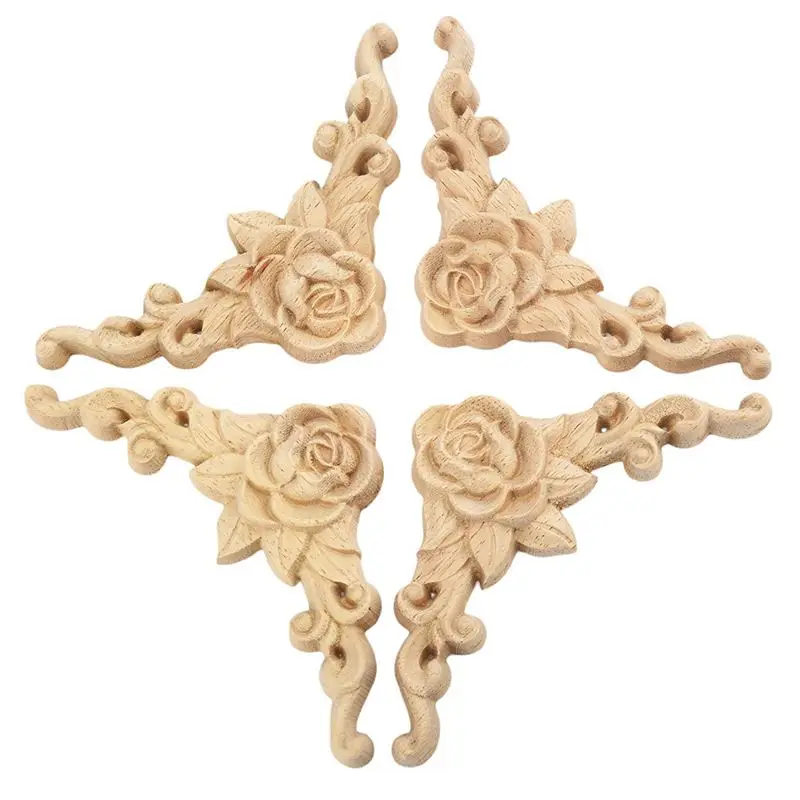 Wood Color 4 шт. 8*8 см деревянные резные угловой Onlay аппликация двери шкафа Роза Неокрашенный европейский стиль - Цвет: Wood Color