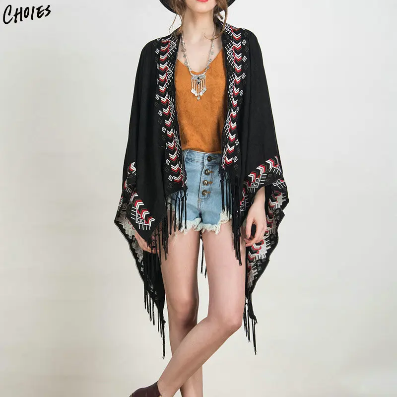 Для женщин кимоно черный вышивка Boho из искусственной замши в народном стиле