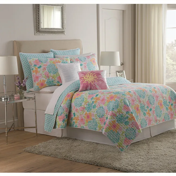 

3 Pieces Quilt Coverlet Bed cover Reversible Cotton Pink Floral Printed Flowers Pattern Bedspread Bed Coverlets set Pillow shams