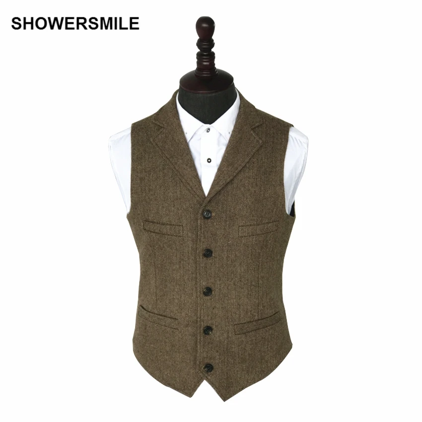 

SHOWERSMILE Vintage Tweed Vest Herringbone Striped Suit Vest Light Brown Waistcoat Vest Slim Fit Sleeveless Jacket Gilet Homme