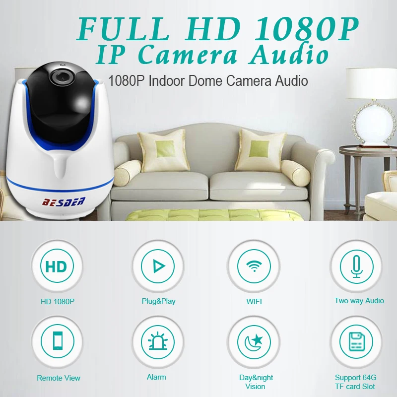 Беспроводная ip камера BESDER Pan Tilt 1080P Двусторонняя аудио со слотом для sd карты