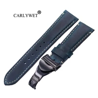carlywet wholesale 22mm vintage blue genuine leather replacement wrist watchband strap belt loops band bracelets for iwc tudor