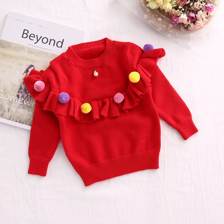 2017 г. Осенне зимний милый цветной вязаный свитер с помпонами для маленьких