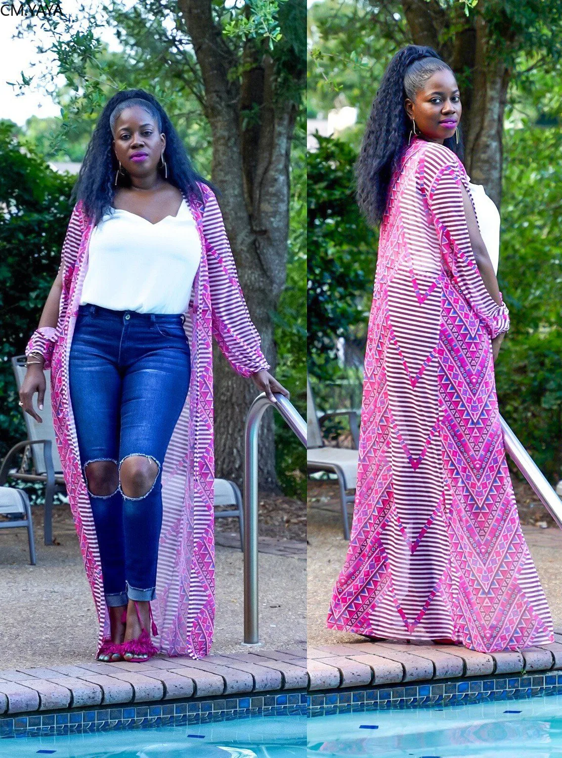 Женская шифоновая блузка с геометрическим принтом длинная винтажная