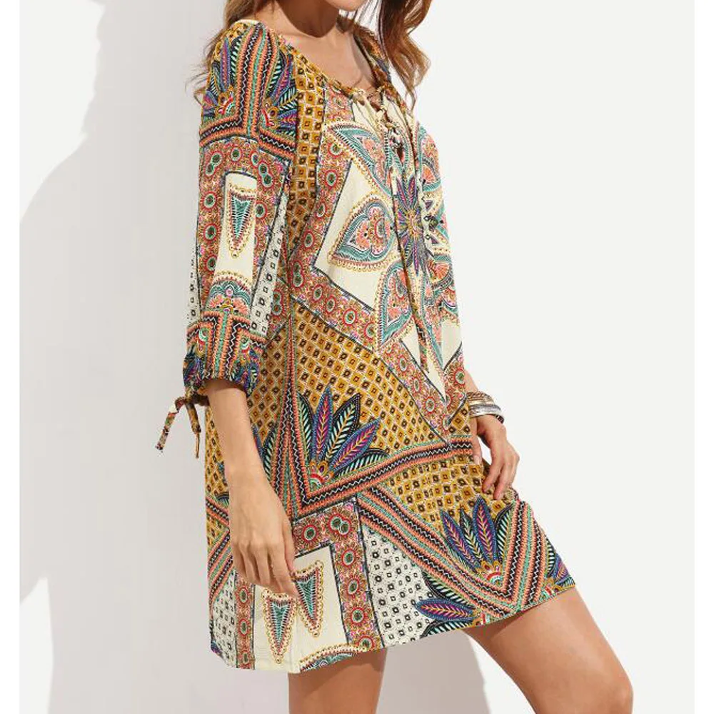 Винтаж Стиль этнический принт свободное платье Для женщин 3/4 рукавами Robe Femme 2019
