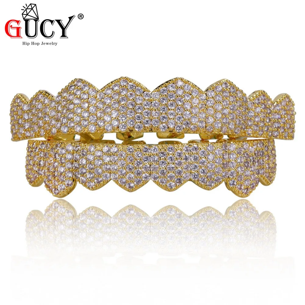 GUCY  Fit Gold Silver Color All Iced Out Hip Hop Teeth Grillz Micro Pave Cubic Zircon Eight Top & Bottom  Grills Set