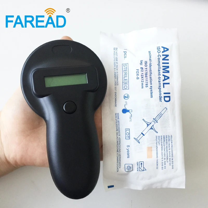 

Free shipping x1pc RFID FDX-B transponder animal chip pet ID reader+ x100pcs ISO 134.2KHz Microchip injectable syringe 2.12x12mm