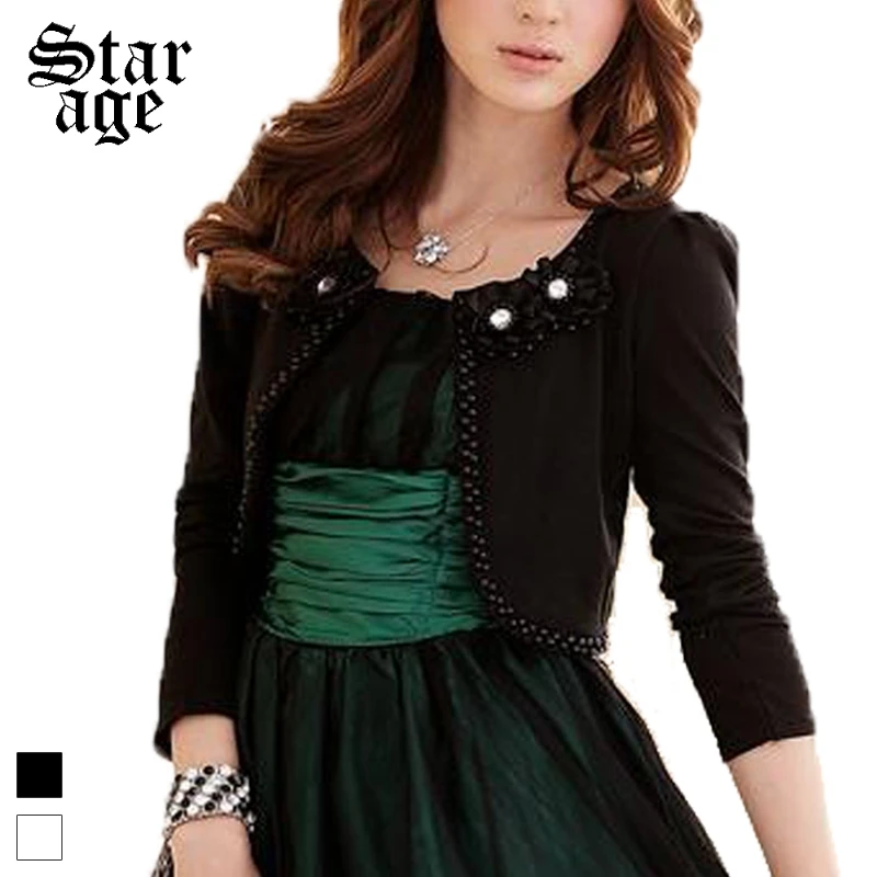 Женский короткий кардиган с объемной аппликацией жемчугом и кристаллами 2307 |