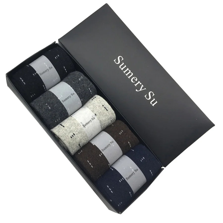 B4600 with Gift Box 5 пар/партия, шерстяные носки, мужские зимние кашемировые Теплые повседневные носки, Meias, ромбы с рисунком, 3 вида стилей, подарочные носки - Цвет: B4600 with Gift Box