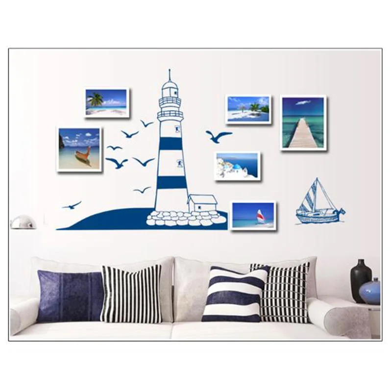 Синие наклейки стена чайки с парусником в средиземноморском стиле рамка для