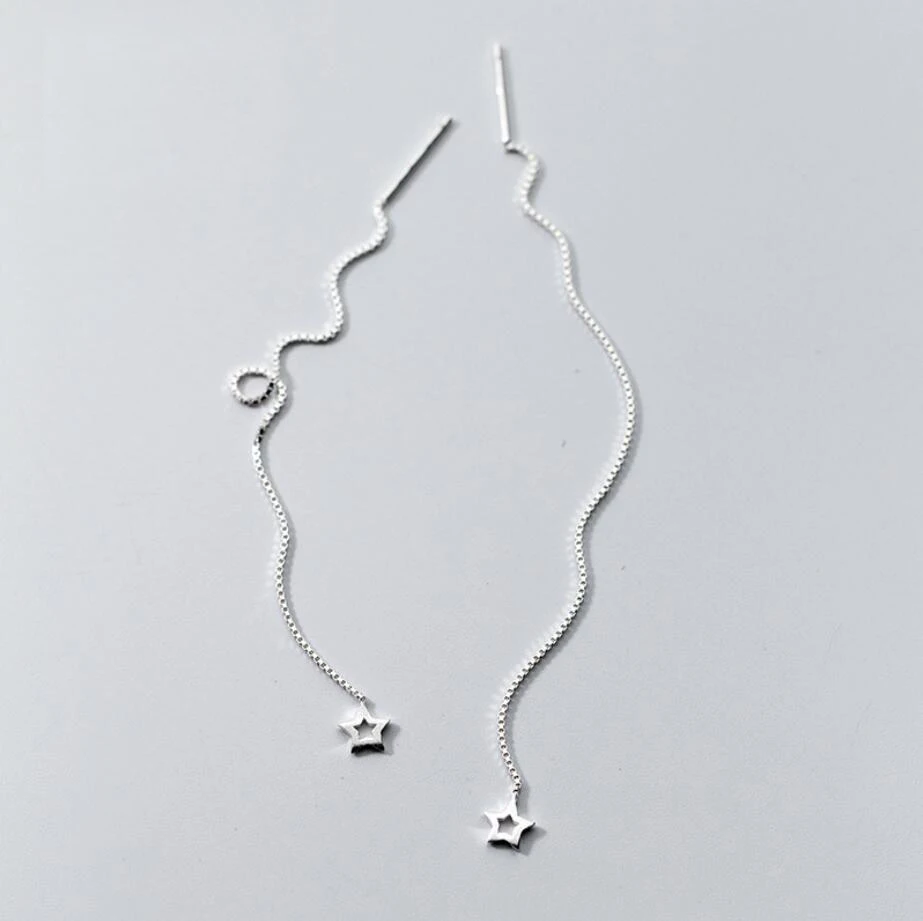Фото Женская серебряная маленькая матовая звезда нитка висячие серьги ювелирные