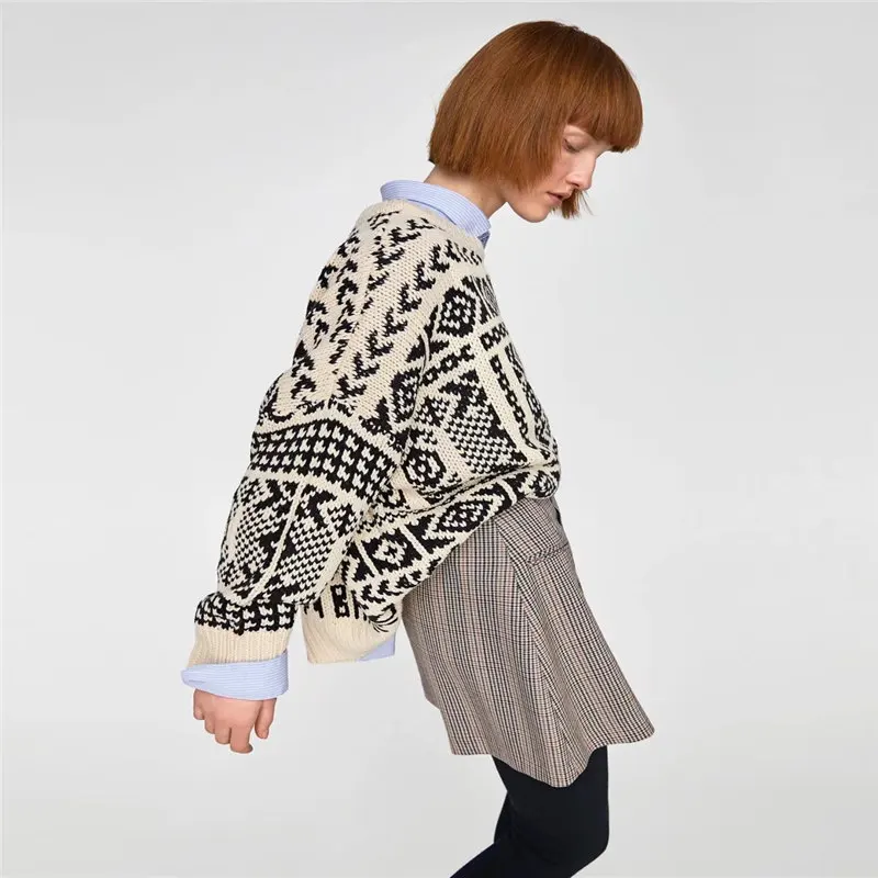 Женский жаккардовый свитер с круглым вырезом в богемном стиле осенне-зимняя