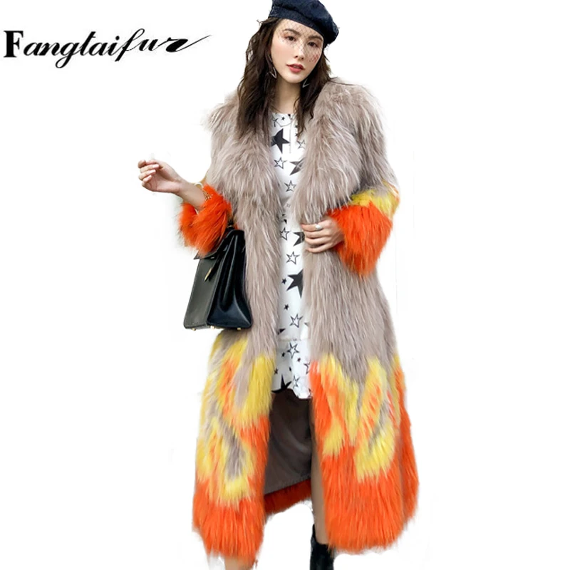 

Ftangaiur Winter Women Import Fox Fur Coat Slim Turn-Down Collar Print Fur Coats Women's Causal Real X-Long Fox Fur Coats