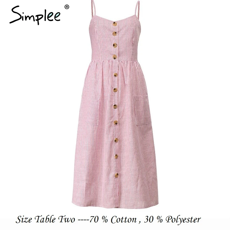 Pink striped Женское хлопковое платье в полоску Simplee, элегантное миди платье с пуговицами и ремешками, женское повседневное платье больших размеров для лета - Цвет: Pink striped