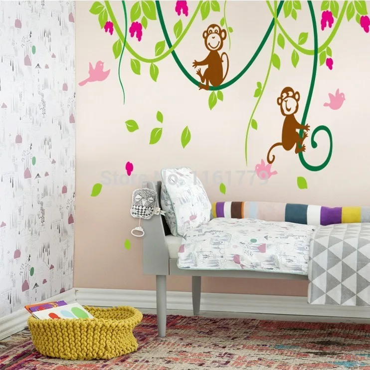 

LP Cartoon Dream Baby Monkey Wall Stickers Tree Wall Decals for Kids Rooms Home Decoration Nursery Monkey Birds Wallpaper AY9012