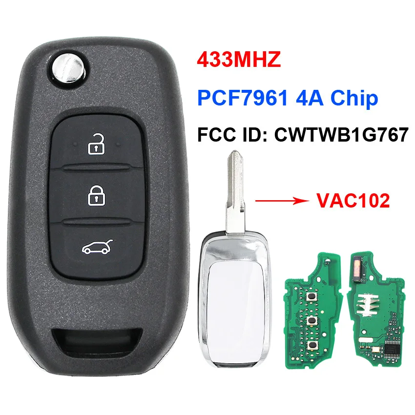 3 кнопки дистанционного ключа 433 МГц PCF7961 4A чип FCC ID: CWTWB1G767 для Renault Kadjar Captur Symbol Megane 3 2013- VAC102