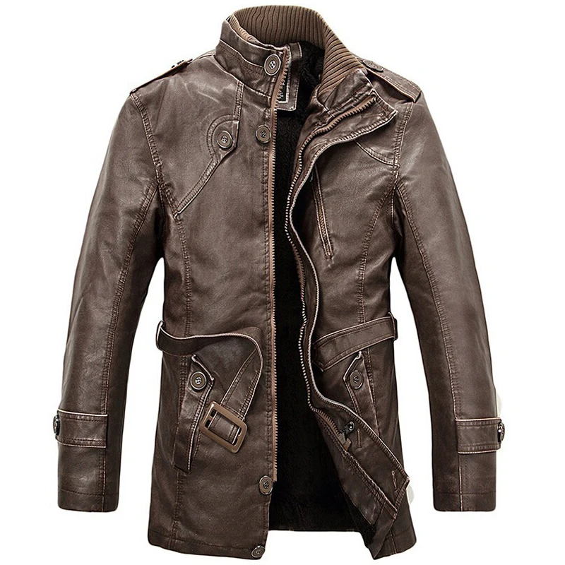Куртка мужская из искусственной кожи Повседневная Длинная шерстяная кожаная