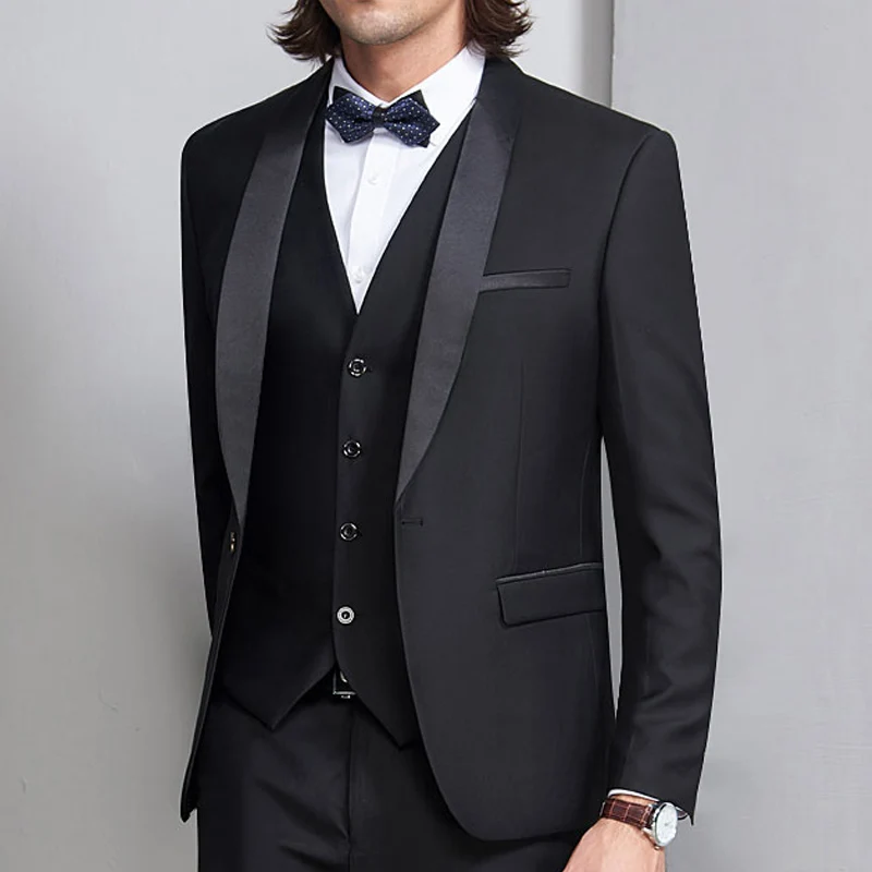 Black Groom Tuxedo for Wedding Prom Men Suits 3 Piece Smoking Formal Slim Fit Ceremony Male Clothes Set Vest Jacket Pants | Мужская