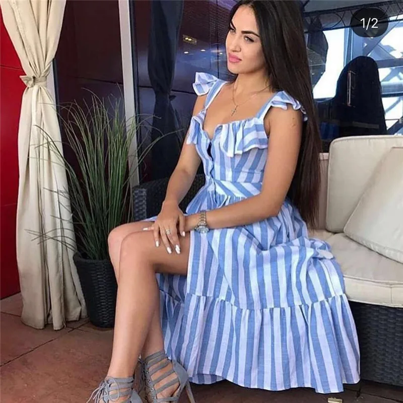 Новый летний Boho Стиль длинное платье Для женщин сексуальная оборками и пуговицы