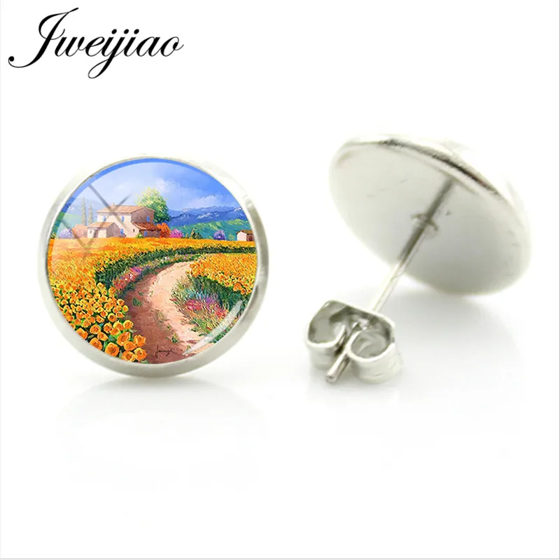 JWEIJIAO Beautiful Flowers Garden Mountain Watercolor Painting Stud Earring Glass Cabochon Earrings Rhodium Plated Jewelry SR05 | Украшения