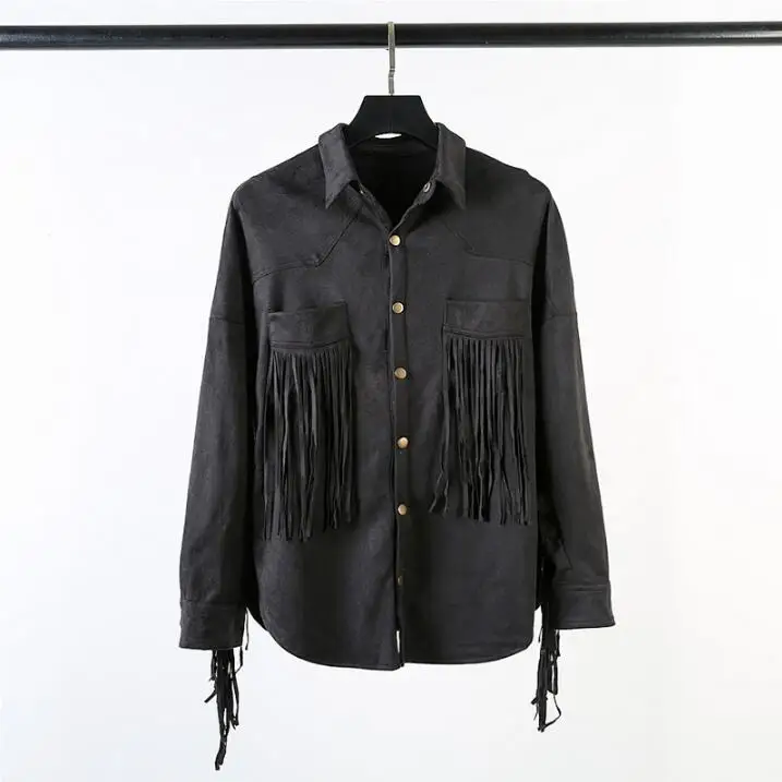 

Free shipping Autumn new male designer nightclub Stage shirt personality Men Loose jacket Harajuku style deerskin tassel shirts