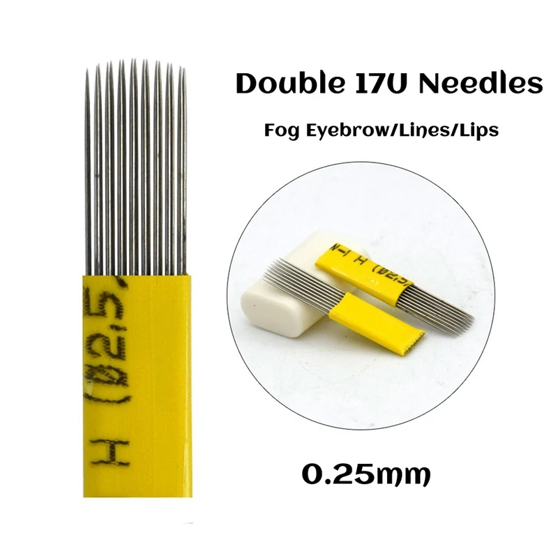 Double 17U Needles Двойные ряды мануального татуажа бровей Иглы 0,25 мм с плоским носком растушевки 9/15/17/19/21U ИГЛЫ Перманентный макияж бровей Иглы татуировки с вышивкой иглы для татуажа плоские иглы микроблейдинг - Габаритные размеры: Double 17U Needles