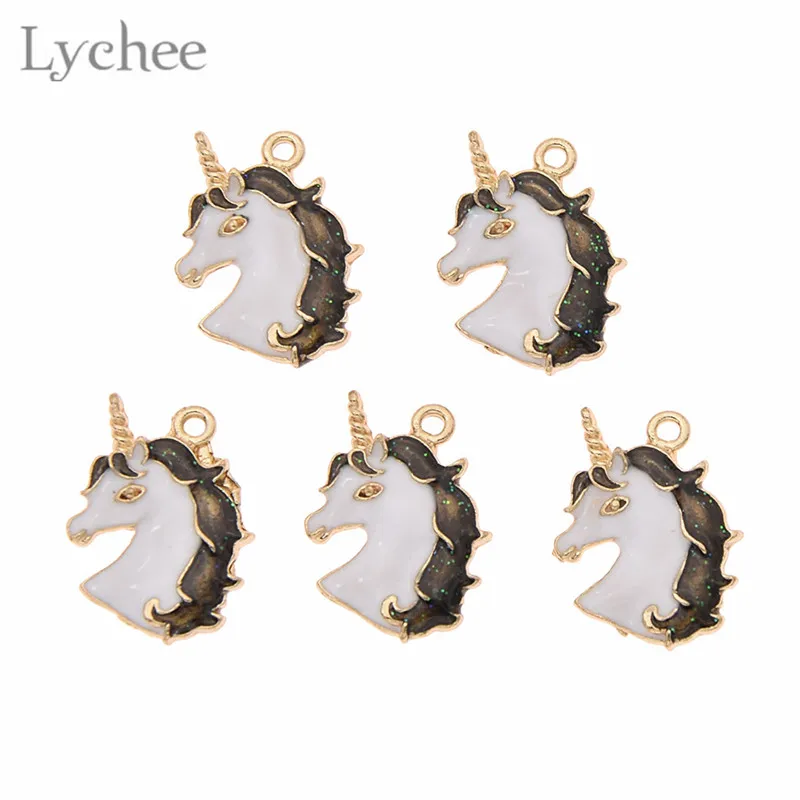 Lychee 5 шт., трендовые эмалированные подвески в форме единорога из сплава в форме животного, подвески для ожерелья, самодельные Украшения, Аксессуары для рукоделия