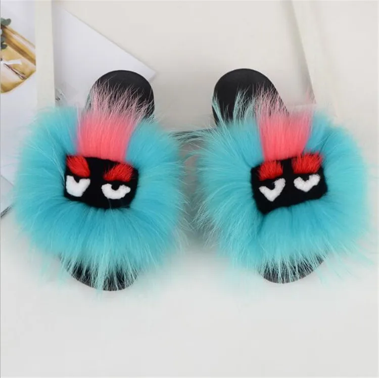 Fox hair Sky Blue Женские летние шлепанцы из лисьего меха; модные пушистые тапочки; женские уличные меховые тапочки с маленьким монстром; домашние тапочки унисекс; женские европейские размеры 36-45 - Цвет: Fox hair Sky Blue