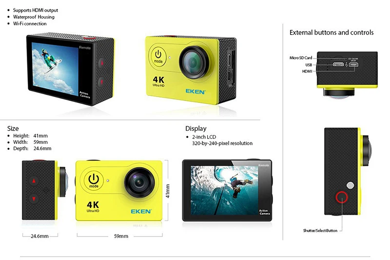 Оригинальная Экшн-камера eken H9 H9R Ultra FHD 4K 25fps 1080P 60fps WiFi 2," 170D mini go подводный водонепроницаемый шлем Спортивная камера