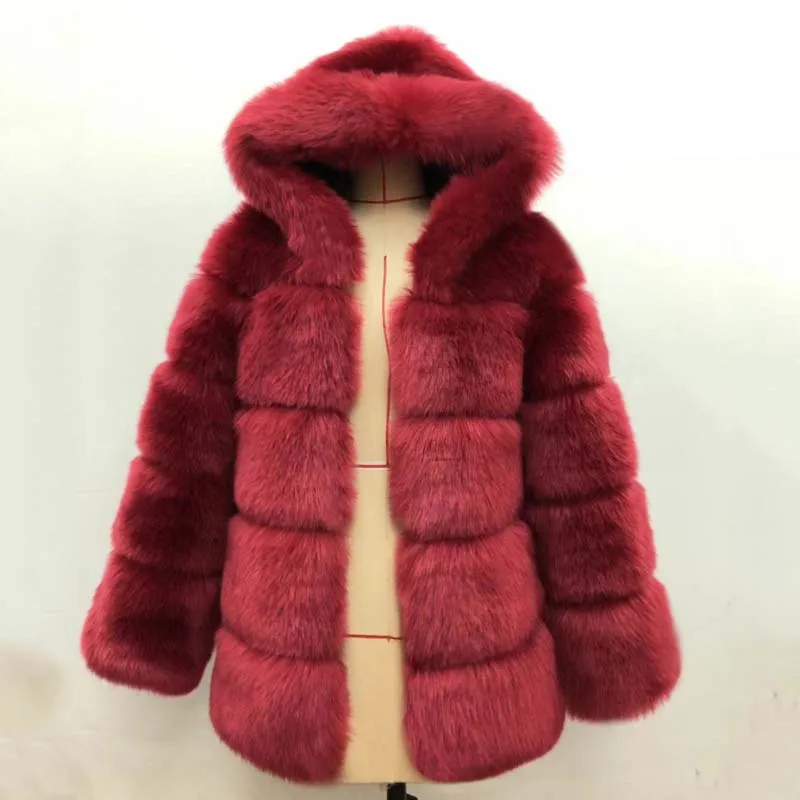 wine red fur coat Роскошное дизайнерское пальто с капюшоном из искусственного меха, Женская куртка, зимние плотные теплые пальто, верхняя одежда, элегантная пушистая Женская куртка из лисьего меха - Цвет: wine red fur coat