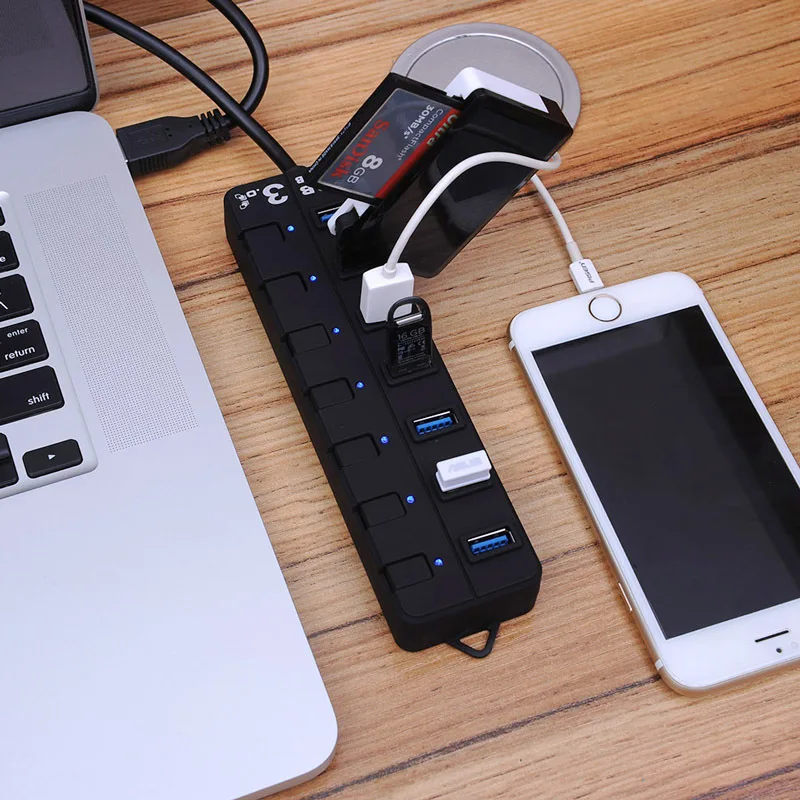 SUODAO High Speed 4 / 7 Port USB 3.0 Hub Splitter On/Off Switch with EU/US Power Adapter for MacBook Laptop PC | Компьютеры и офис