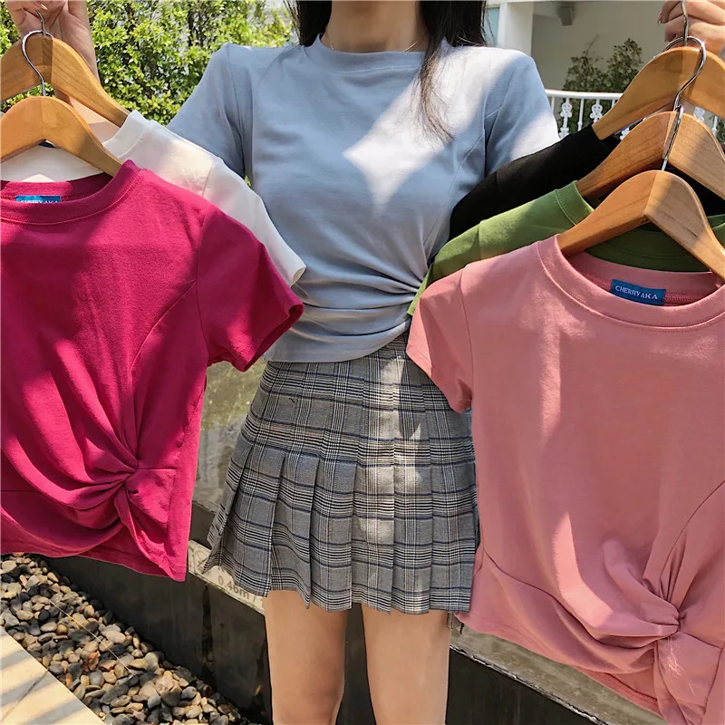 Модная женская футболка 6 цветов летняя Корейская с круглым вырезом повседневные
