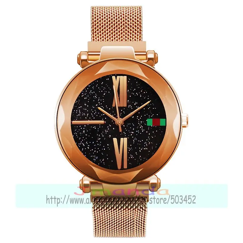 rose gold 100 шт./лот, модные часы с магнитной сеткой, без логотипа, римское количество, цветные ремни, мужские и женские наручные часы, высокое качество, звездное небо, сетчатые часы - Цвет: rose gold