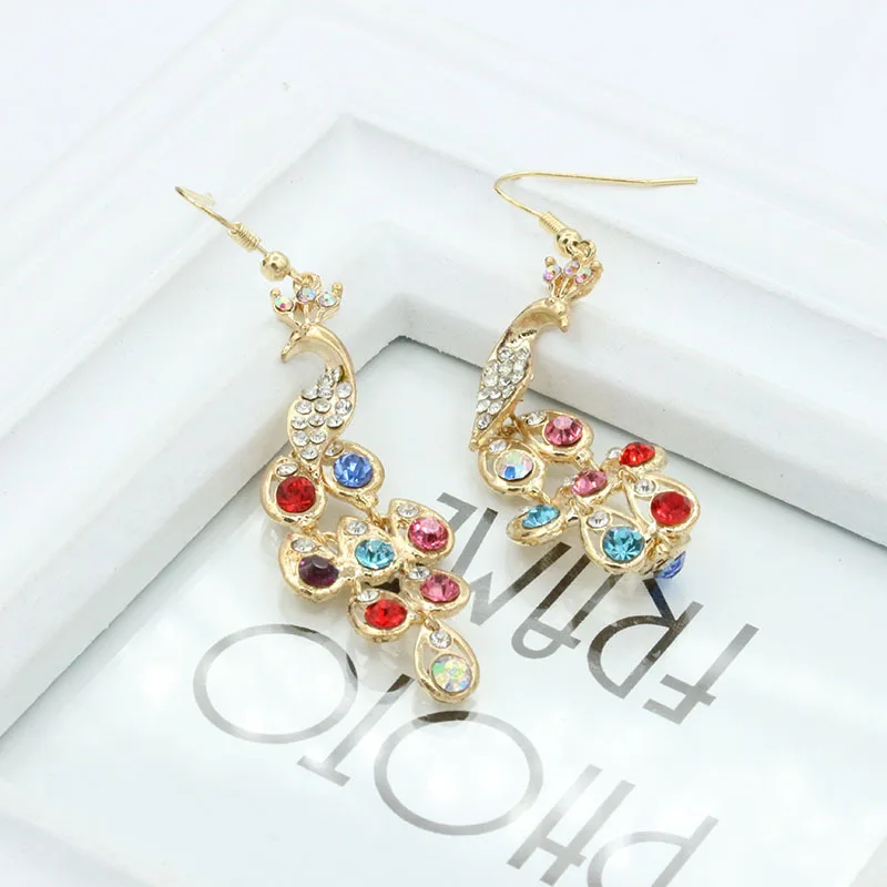 Vintage Look Tibet Alloy Antique Bronze Plated Fantastic Crystal Peacock Pendant Dangle Earrings Long Drop Earring | Украшения и