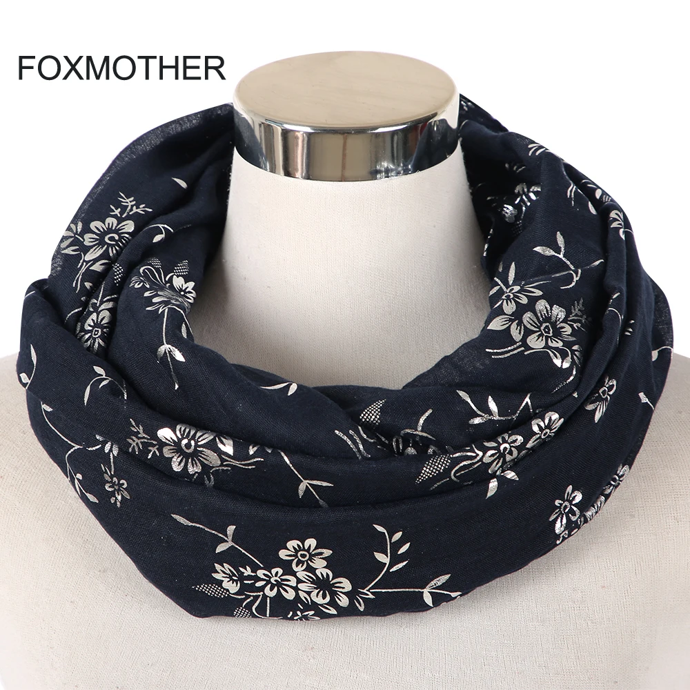 Женский шарф FOXMOTHER темно-синий/серый/черный/серебристый с цветочным принтом