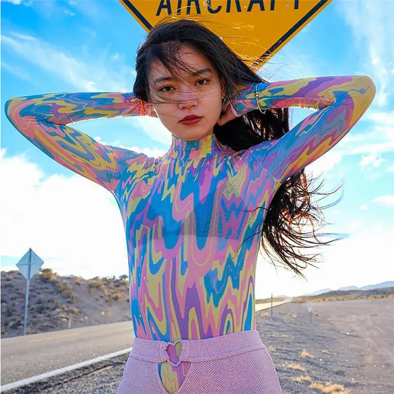 Красочный принт с высокой горловиной сексуальное боди Длинные рукава bodycon Зима