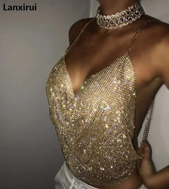 Женский сетчатый топ с кристаллами металлический кроп-топ со стразами