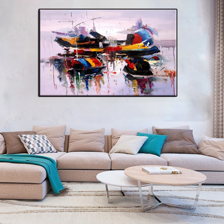 Большая Дешевая современная абстрактная Лодка на пляже ручная работа картина